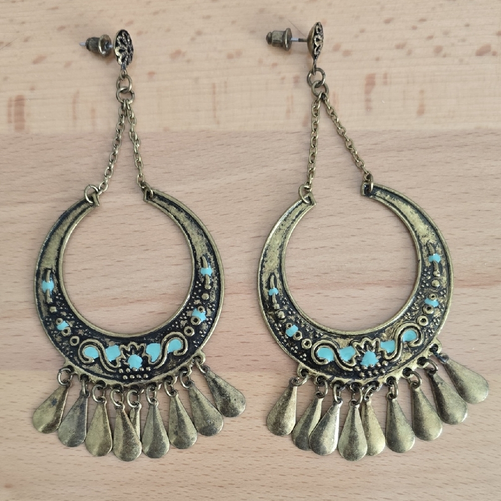 Bohemian Gold and Blue Dangle Earrings